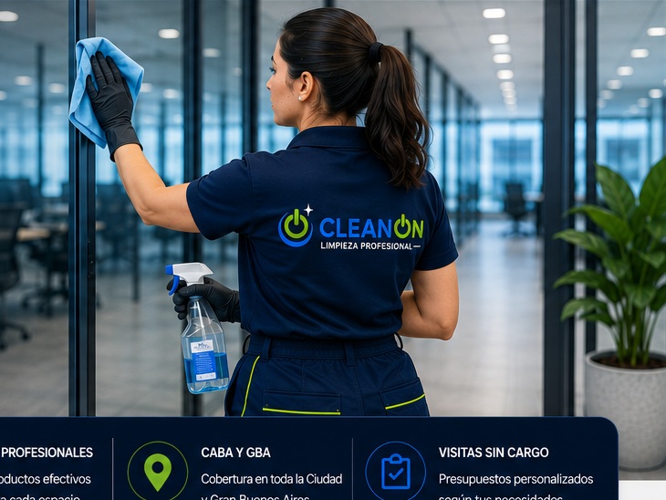 Personal de limpieza profesional CleanON trabajando en una oficina
